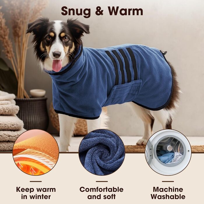 Рушник для собак з мікрофібри, халат для собак середніх та великих порід, швидковисихаючий, халат для собак з клямками (темно-синій XXL 2XL)