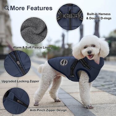 Зимова куртка для собак з нагрудником та гнучким поясом, захист від вітру та живота, світловідбиваюча жилетка для тварин з флісовою підкладкою, для маленьких собак (Темно-синій, XL)