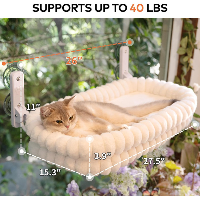 Кішка ліжко-гамак для вікна CheerPals, м'яка знімна наволочка, сталеве гніздо, до 18 кг, білий колір