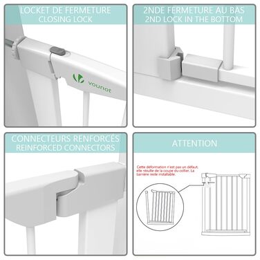 Захист для сходів Vounot: сітка без свердління, 75-108 см, для дітей, собак та котів, автоматичне закриття, магнітний замок, стопор 90°, білий (2x подовження)
