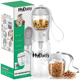 Водяна пляшка для собак на 550 мл з контейнером для корму 100г - вилкаюча, велика, для собак та цуценят, біла
