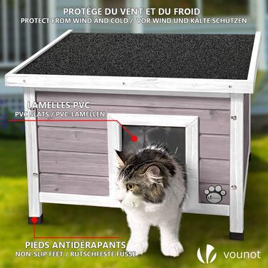 Будиночок для котів VOUNOT з дерева з асфальтовим дахом, вуличний, 57x45x43 см, сірий