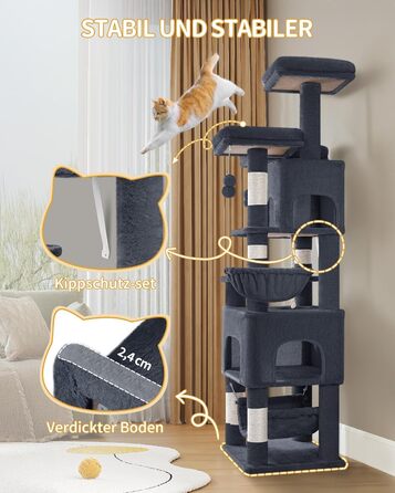 Кігтеточка для котів Hzuaneri 176 см, XL, 3 платформи, 2 печери, 7 стовпчиків, гамак, плюшеві кульки, для багатокотових сімей, темно-сірий MS17618SG
