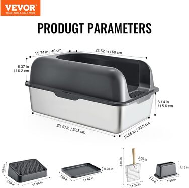 VEVOR XL туалет для котів із нержавіючої сталі, з лопаткою, високим бортиком, широким фільтром, без запаху, 60×40×30 см, темно-сірий