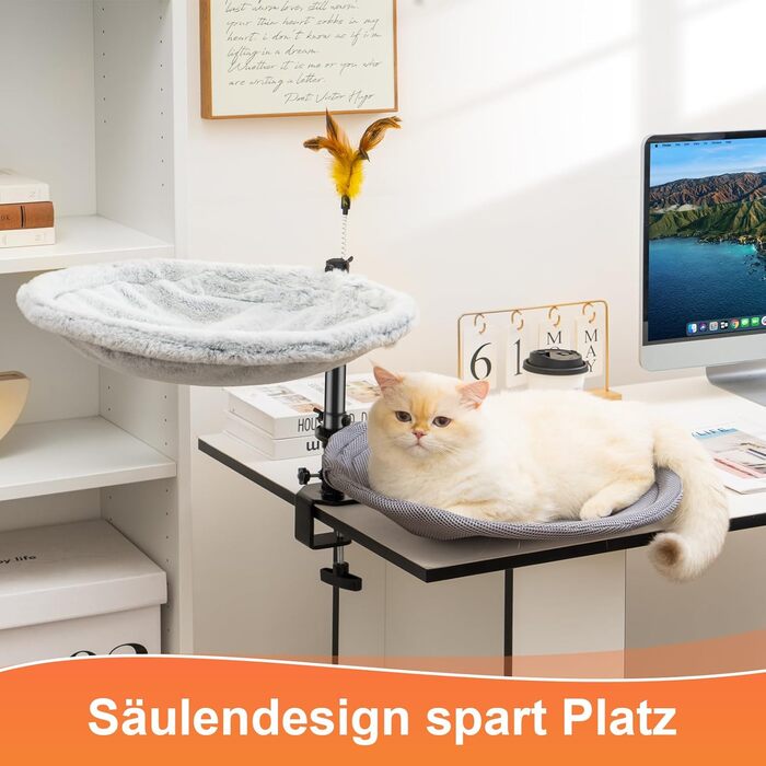 Крісло-лежанка для кота Uross на стіл - 360° обертання та регулювання висоти, м'яка гамачок для котів з 2 знімними чохлами, місце для сну для дому/офісу - для цілорічного використання (двошарове, сіре)