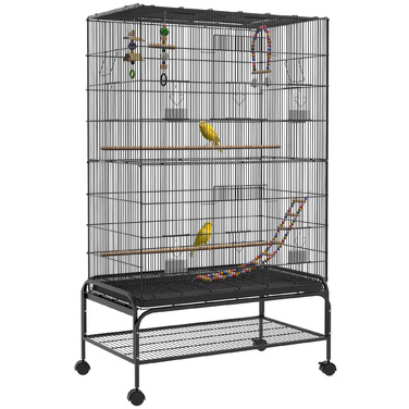 PawHut Клітка для птахів Вольєр з сідалами Bird Builder з полицею, колесами, знімний підлоговий піддон, вольєр з дверцятами, чорний | Аосом
