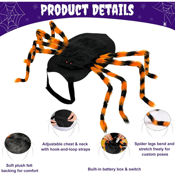 Костюм на Хелловін для собак великих порід: пухкий костюм павука з 64 LED, веселий костюм для Хелловін, вечірка, косплей (Помаранчевий)