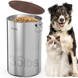 Контейнер для корму собаки та котів Paw Libero з нержавіючої сталі на 16 кг (35 lbs), герметична дерев'яна кришка з керамічною ручкою, великий металевий відсік для зберігання корму