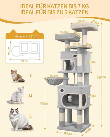 Драбина-кіготь Hzuaneri для котів, 159 см, 8 стовпчиків, 3 платформи, 2 хованки, кошик, плюшеві кульки, мотузка з сизалю, підходить для котів різних розмірів, сірий MS15918LG L (50 x 40 x 159 см)