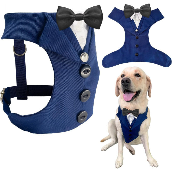 Елегантний собачий смокінг для свят: весілля, день народження, Хелловін, Косплей, Різдво. Комплект з краваткою для собак середніх та великих розмірів (L, обхват грудей 60-88 см). Синій смокінг + чорна краватка