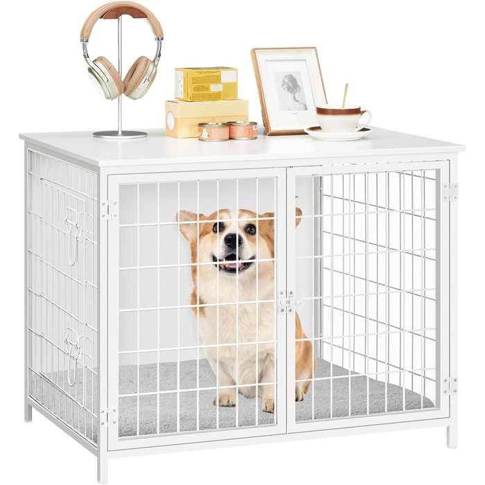 Клітка для собак з подушкою, 100 см, з двома дверцятами, з дерева, для маленьких, середніх та великих собак, біла ADCBW10701 (80 x 55 x 65 см)