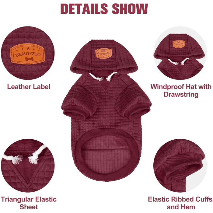 Світшот для собак BEAUTYZOO з вафельним малюнком - теплий одяг для осені та зими для собак різних розмірів (S, M, L) - светр з капюшоном та кишенею для Бульдога, Пітбуля та інших порід, розмір M (обхват грудей: 55.5 см), бордовий