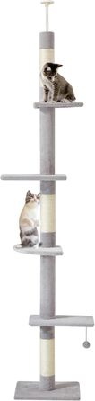 Котячий комплекс EROMMY, висота 230-268 см, 5-рівневий сучасний високий стовпчик для котів, стеля, регульований, сірий, з сизалем і плюшем, платформами та підвісною іграшкою