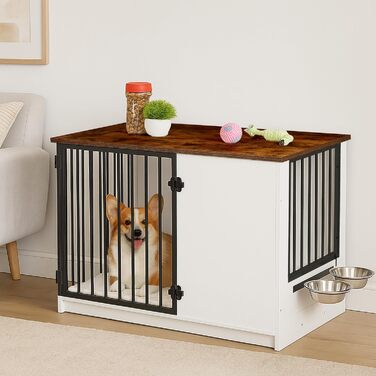 Клітка для собак Relaxdays, для дому, HBT: 65,5x102x60 см, 2 обертові миски, собача будка з виглядом дерева, МДФ & сталь, (білий/коричневий)