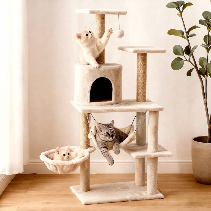 Великий бежевий ігровий комплекс для котів із стовпчиком-дряпкою та гамаком, 137 см