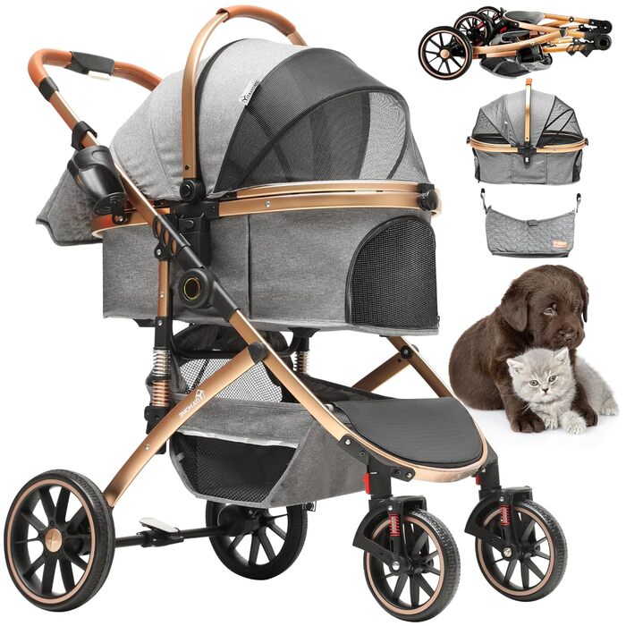 Візок для собак YITAHOME 3в1, до 22 кг, з алюмінієвим каркасом, амортизаторами, рюкзаком та тримачем для напоїв (сірий)