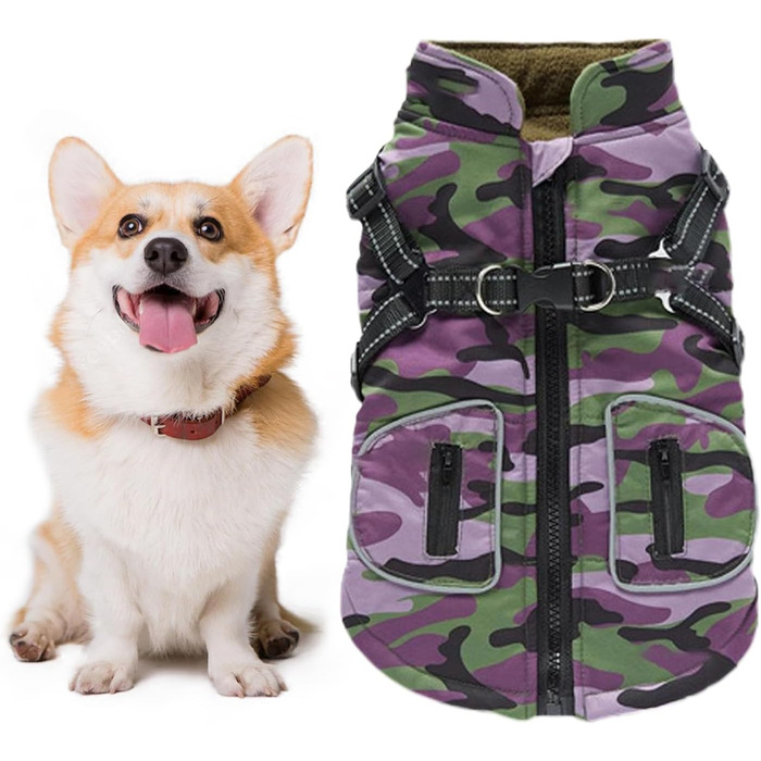 Водонепроникна жилетка для собак – відбиваюча зимова куртка 40 см, теплий халат з шлейкою, ізольоване вбрання | Зовнішній одяг для цуценят та собак середніх розмірів для захисту (фіолетовий)