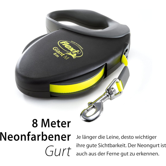 Рулетка Flexi Giant M 8 м для собак до 25 кг, чорна/неонова жовта