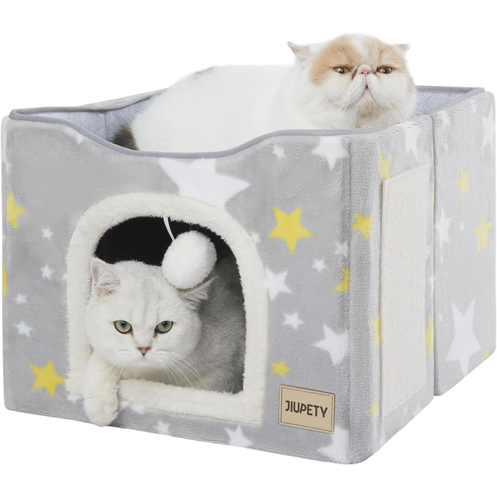 Jiupety складаний будиночок для котів, двошарова котяча хатка-куб з великим простором, ліжко для двох котів із кігтеточкою та іграшкою, 44х44х36 см, Classic Star