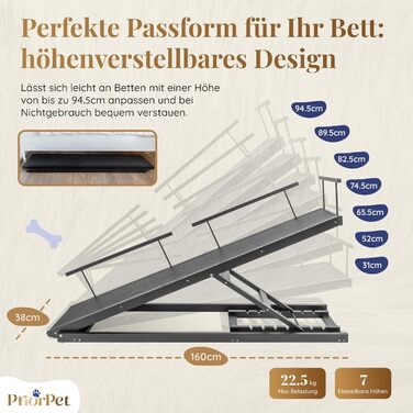 Сходинки для собак PRIORPET з берези з поручнями - регульована висота до 94.5 см - складаються - антиковзні ручки - для малих собак до 23 кг - коричневі (чорні)