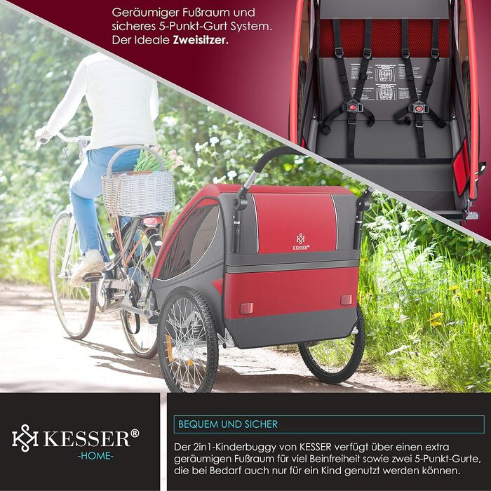 Дитячий причіп KESSER® 2в1 для велосипеда з поворотним з'єднанням 360° та амортизацією. Підходить для 1-2 дітей (до 40 кг), з 5-точковим ременем безпеки та прапором.