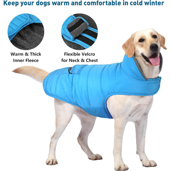 Водонепроникний зимовий одяг для собак, теплий флісовий піджак з кишенею, світловідбиваючий, регульований, небесно-блакитний, розмір M (Обхват грудей: 16.1-20.1')