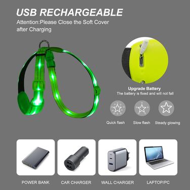 Світлодіодне обіднє намисто для собак PZRLit, світловідбиваючий жилет для собак, перезаряджуваний, м'який, регульований (зелений, середній)