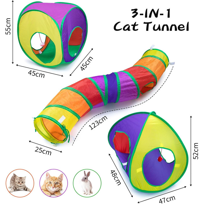 Туннель для котів 3 шт. Складаний тунель-іграшка для кошенят, цуценят та кроликів - ідеально для дому та на вулицю