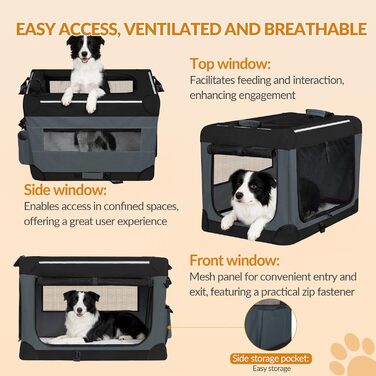 Транспортна переноска для собак Fobyfurny, сіра, 60 x 42 x 42 см, 60 л, з відбиваючими смугами та кишенями, знімний мат, Oxford-тканина, FPDT005OG1