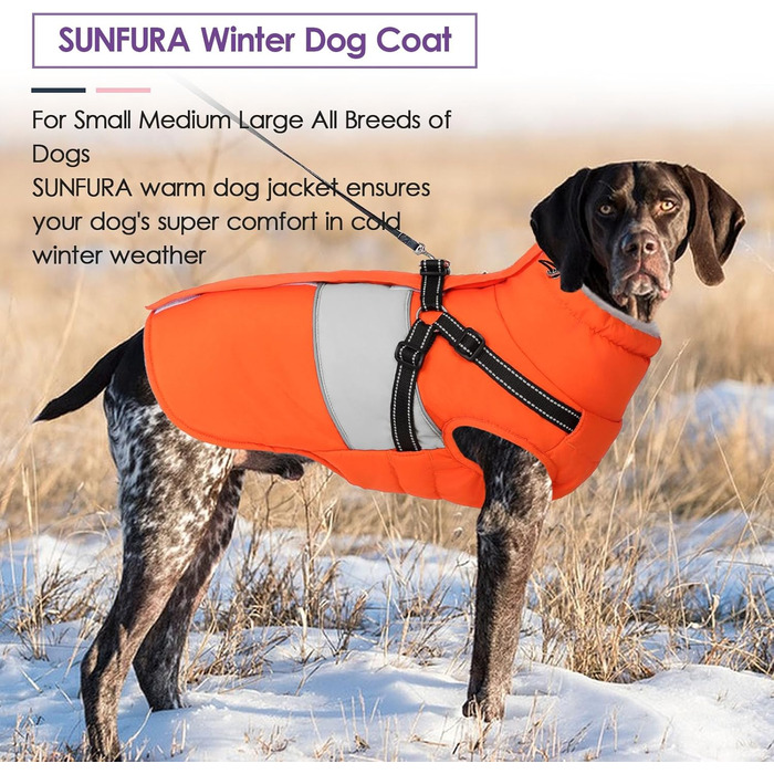 Тепла зимова куртка для собак SUNFURA з інтегрованим шлейкою, для великих собак, водонепроникна флісова куртка з блискавкою та коміром з хутром, для Французького бульдога (X-Small, помаранчевий/червоний, зигзаг (Sunset Chevron))