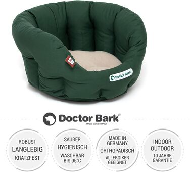 Ортопедичне кругле ліжко-кошик для собак Doctor Bark з м'якою змінною подушкою та іграшкою ToyBone, для малих порід, зелено-бежевий, розмір S (40x35 см), пране при 95°C, вироблено в Німеччині