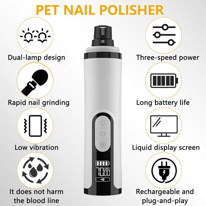 Електричний точило для собачих кігтів, пристрій для шліфування кігтів з LED-підсвічуванням, бездротова зарядка USB, запасні насадки для цуценят, обрізання кігтів для собак та котів (1+2 x запасна насадка)