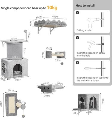 Комплекс для котів BYBYME з гамаком, ліжком та когтеточками, 6 предметів, сірий