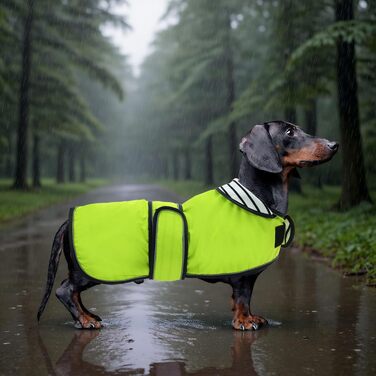Дощовик для собак Geyecete, регульований, водовідштовхувальний, для такс, з світловідбиваючими ремінцями, з реміннем на липучці, розмір M (довжина спини 42-45 см), зелений