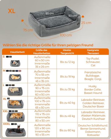 Feandrea лежанка для собак, м'яка подушка, корзина для собак, підняті бортики, неслизьке дно, знімна та пральна наволочка, XL, для великих собак, 100 x 75 x 25 см, світло-сіра