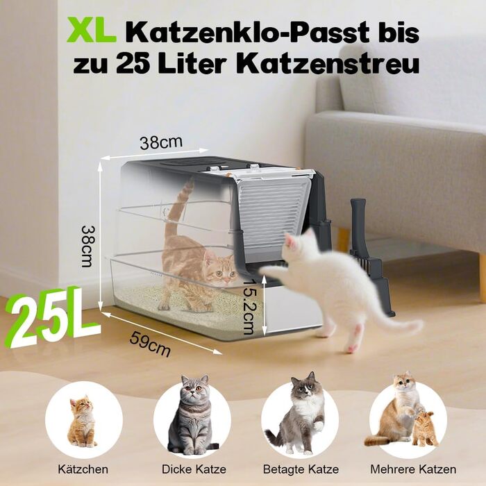 Закритий лоток-туалет для котів SZEE XL із нержавіючої сталі з кришкою, що відкривається на 180°, з совком, чорний, 59x38x38 см