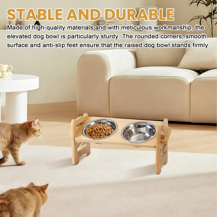 Підвищена годівниця для собак з бамбука з регулюванням висоти, 2 миски з нержавіючої сталі, нахилена годівниця для собак і котів, довговічна