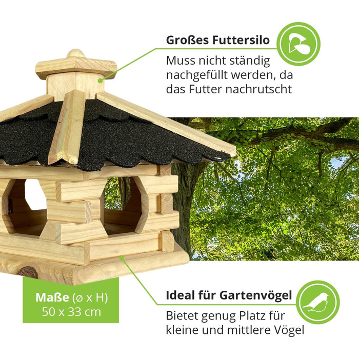 Дерев'яна годівниця для птахів GARTENETAGE Skandinavia з бункером, натуральний колір, ручна робота, для балкона та саду, стійка до погодних умов