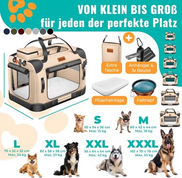LOVPET® Транспортна переноска для собак та котів, 60x42x44 см | Складана переноска для тварин з мискою та плечовим ремінцем | для котів та собак, Бежевий M