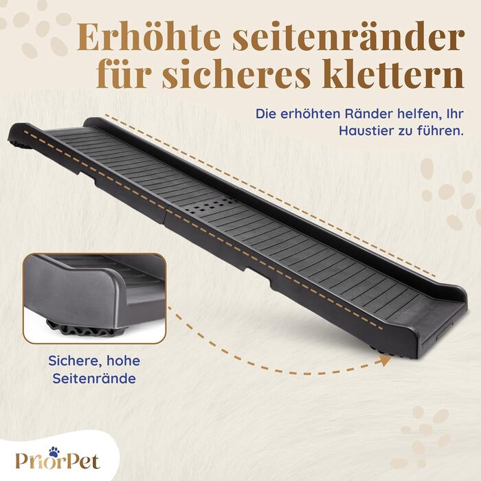 Рампа для собак у машину, складна – 174 см x 38 см – гумовий антиковзкий килимок – для великих собак, авто/SUV – вантажопідйомність 85 кг – темно-сіра