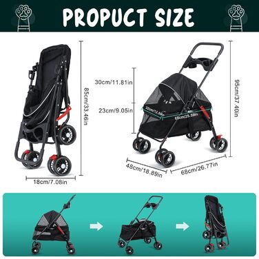 Дитяча коляска для домашніх тварин (собаки, коти), складна туристична коляска, коляска-біговик для котів та собак з підстаканником, регульованим капюшоном та великим кошиком, 1 комплект