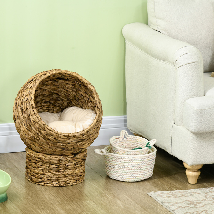 PawHut Rattan Cat Basket Ліжко для кішок з подушкою 42x33x52см з водного гіацинта, зручне & світло-коричневе для кішок