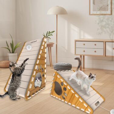 Кігтеточка для котів 3-в-1: дерев'яно-фетрова стінка, ліжко, пандус та іграшки, коричнева