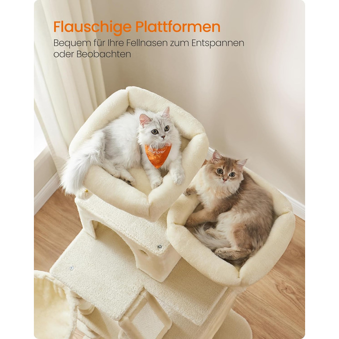 Комплекс для котів Feandrea Kratzbaum PCT165W01, 168 см, бежевий: 13 стовпчиків, 2 платформи, 2 печери, гамак, кошик, м'ячики