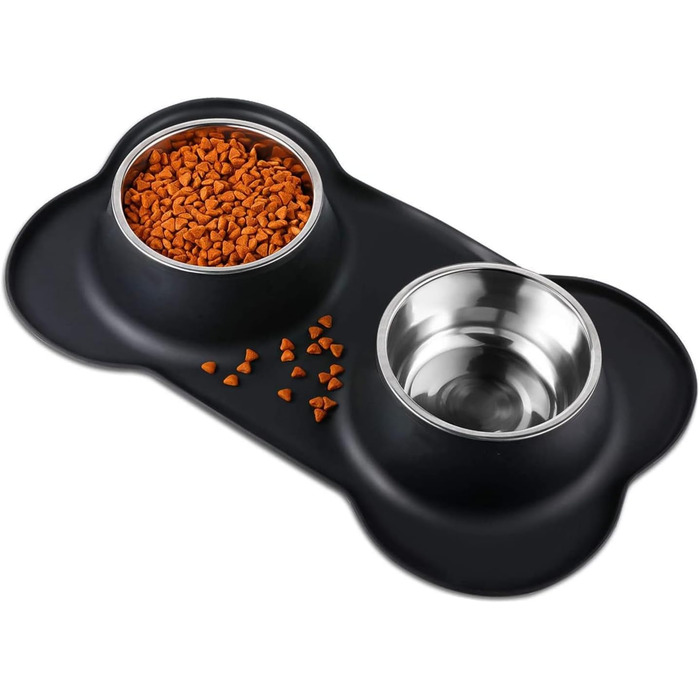 Набори мисок для собак та котів з нержавіючої сталі з силіконовим килимком, чорного кольору