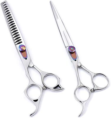 Набір професійних ножиць для грумінгу собак: філірувальна та пряма, титанове покриття, 18 см, ліва рука