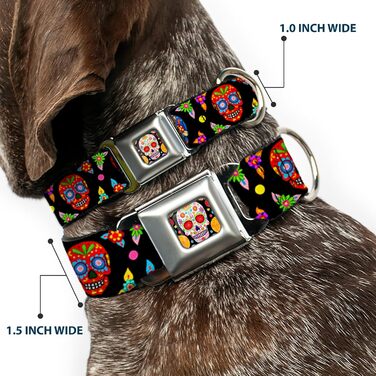 Нашийник для собак Buckle Down Colorful Calaveras, 22,9–38,1 см, чорний з різнокольоровими черепами
