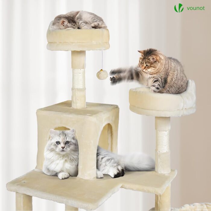 Двоповерховий котячий будиночок Vounot XXL (215 см), котячий комплекс з гамаком, корзиною та шматочками для дряпання, сірий та бежевий