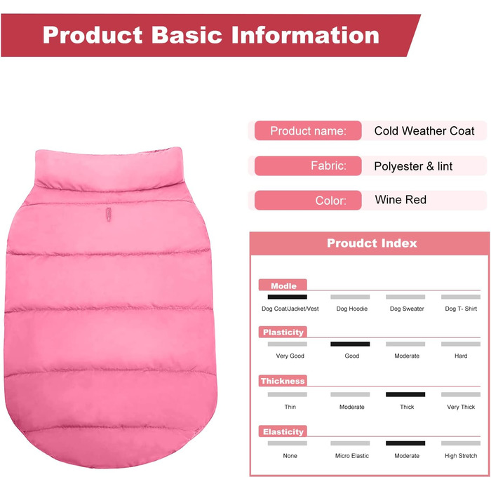 PETCUTE Тепла куртка для собак на зиму, водонепроникна жилетка для великих собак, зручна та стильна, для холодної погоди (XS, Рожевий)