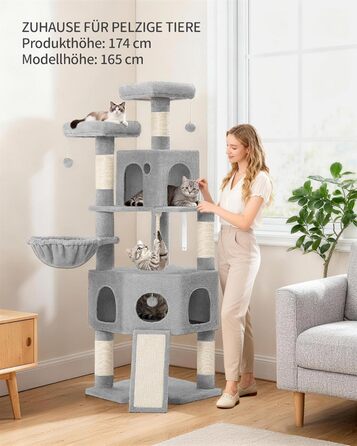 Кігтеточка для котів Hzuaneri, 174 см, XL, 2 платформи, 2 печери, 4 стовпчики, дошка для шліфування кігтів, мотузка з сизалю, плюшеві кульки, сірий колір, для кількох котів MS17418LG